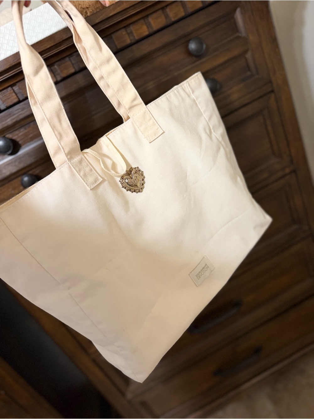 Dolce & Gabbana Cream Canvas Tote with Heart Medallion